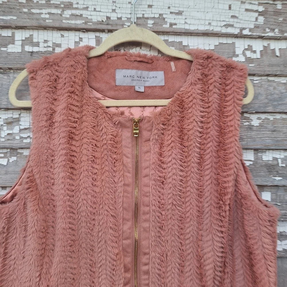 Marc New York Coral Faux Fur Vest with Gold Zipper